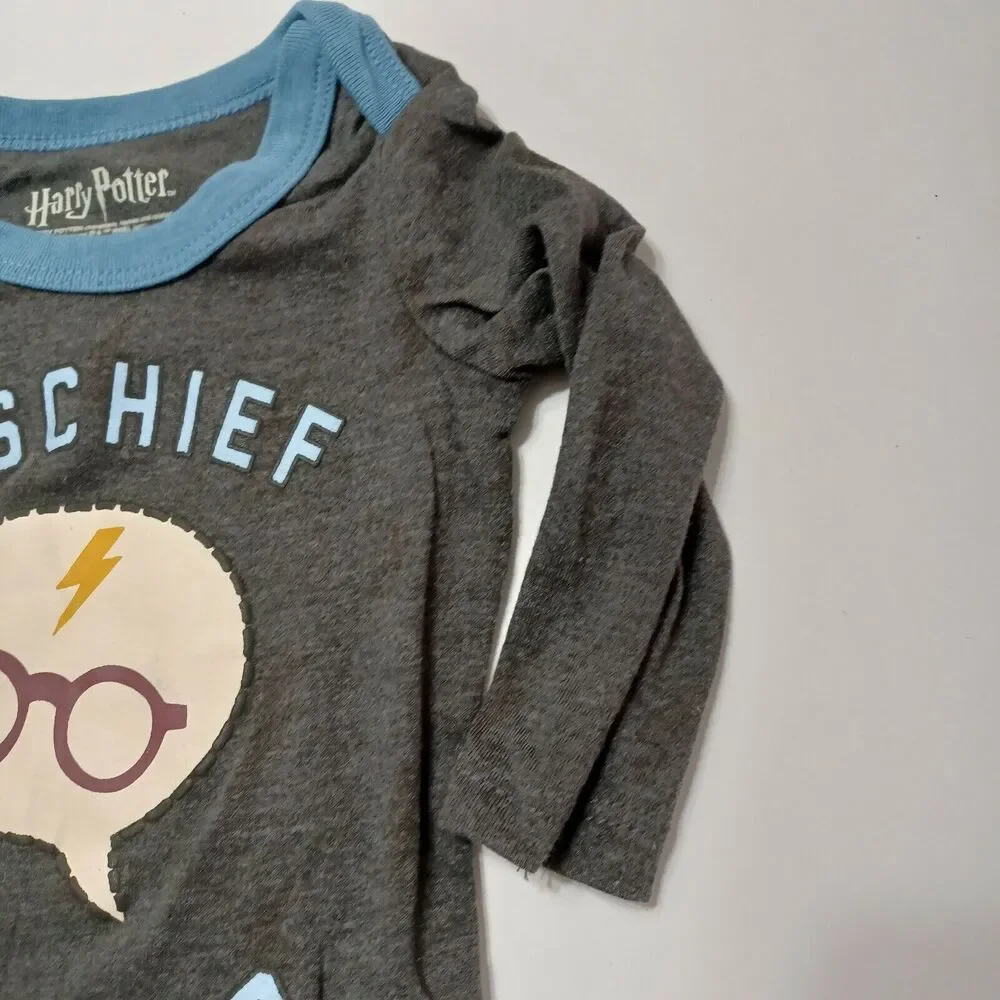 Harry Potter Unisex NB Bodysuit Mischief Managed Heathered Grey Blue Snap Button